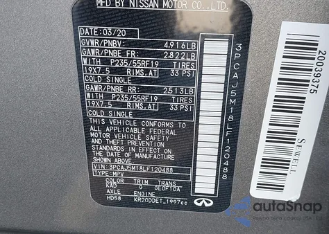 2020 Infiniti Qx50 Pure z USA, uszkodzony, nr VIN 3PCAJ5M18LF120488